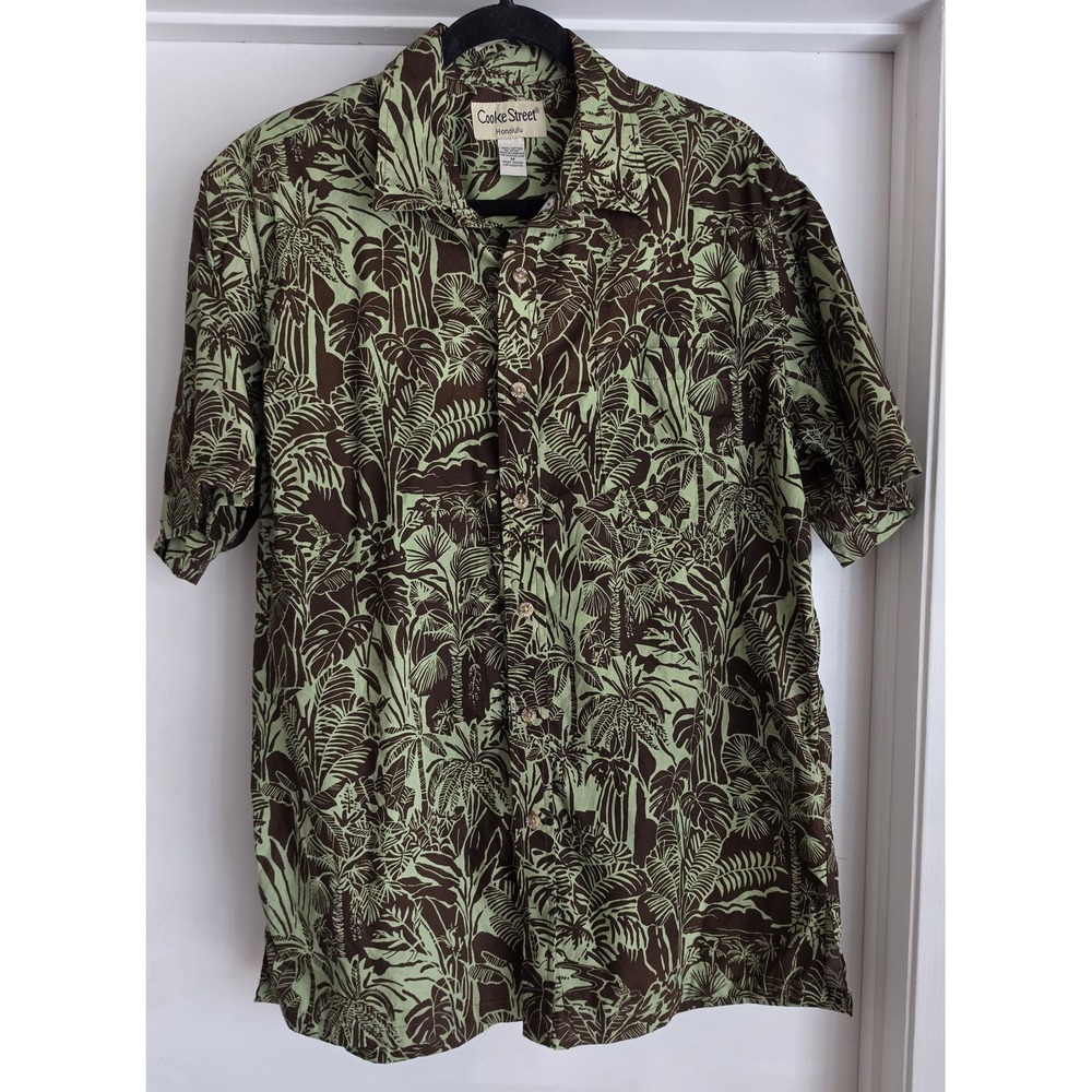 Vintage Cooke Street Men's M Short Sleeve Button-Down Shirt Green Brown Cotton